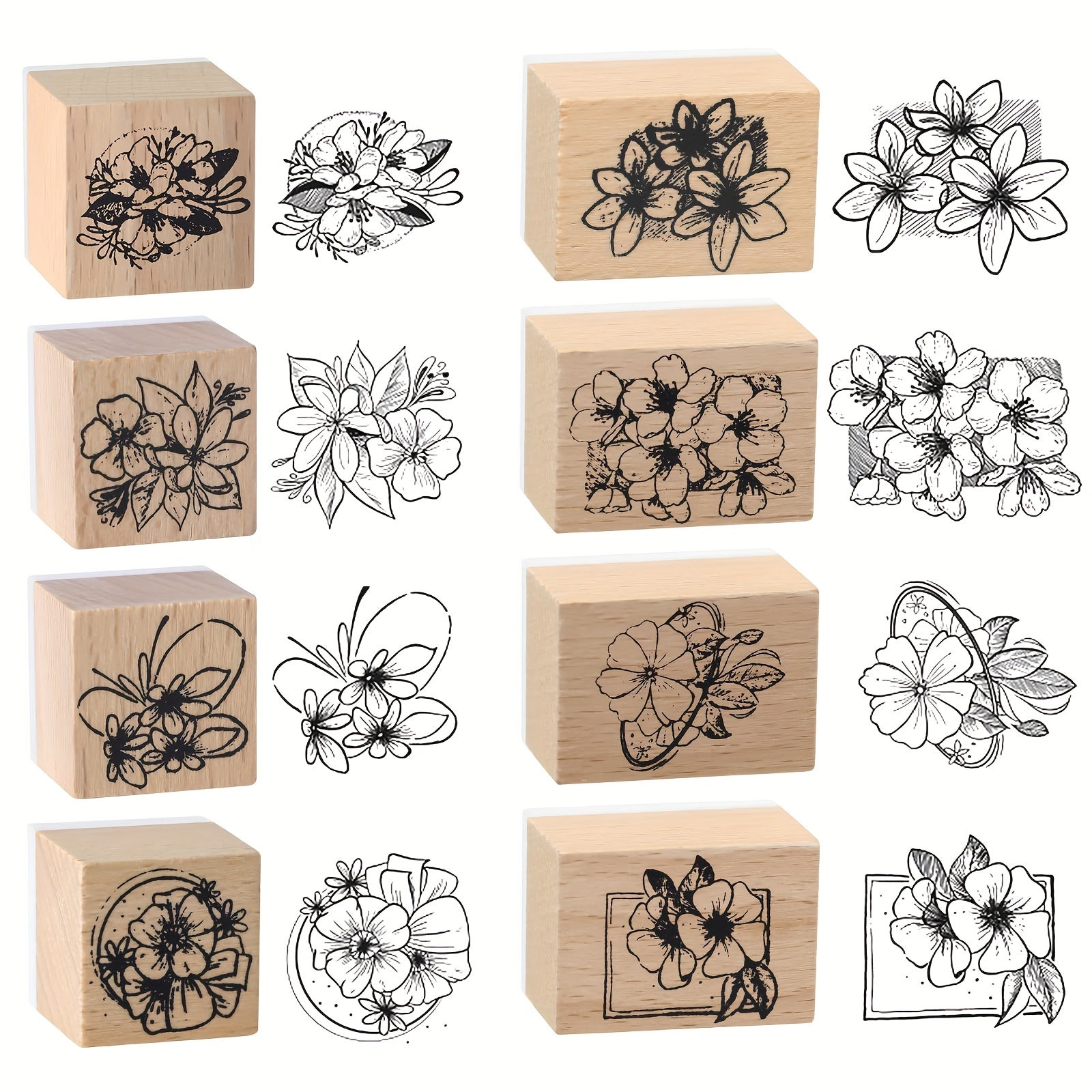 8pcs Vintage Flowers Wooden Rubber Stamps Set - Craft Scrapbook Card Making DIY