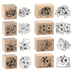 8pcs Vintage Flowers Wooden Rubber Stamps Set - Craft Scrapbook Card Making DIY