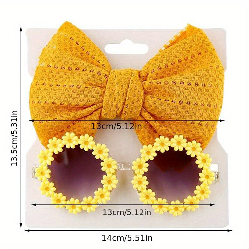 2pcs Bowknot Hair Rope & Flower Round Sunglasses for Sun Protection