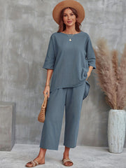 Solid Est Crew Neck 3 4 Sleeve Tops & Wide Leg Pants Outfit Women's Clothing