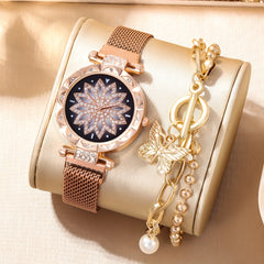 Digital Rhinestone Studded Watch & Butterfly Bracelet Set