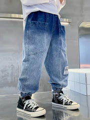 Boys Tapered Cargo Denim Jeans Elastic Waist Kids Clothes