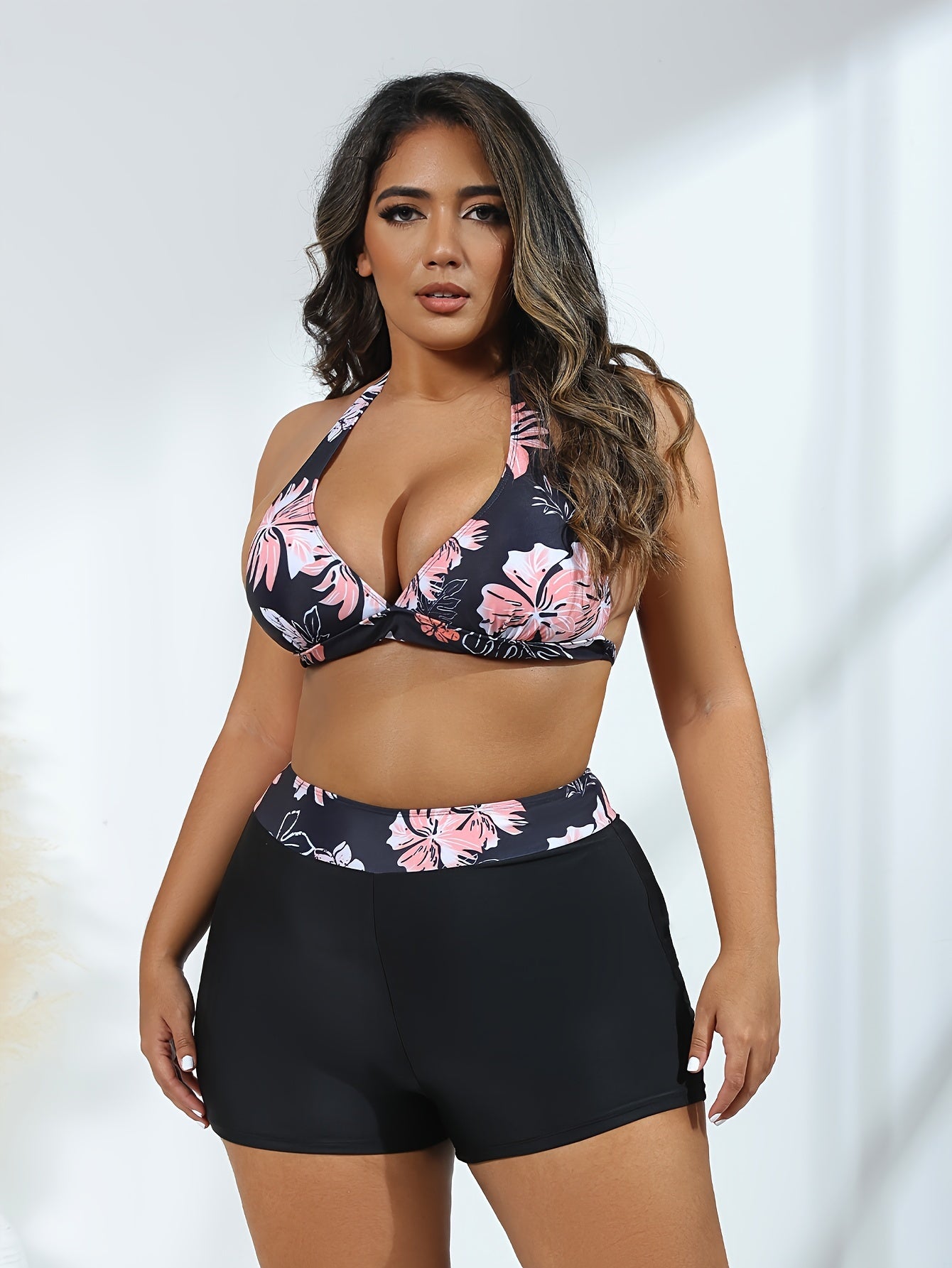 Retro Bikini Set Floral Print Halter Bra & Shorts Swimsuit
