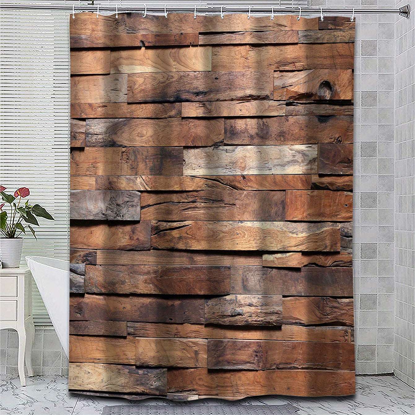 Wooden Pattern Shower Curtain Set Waterproof Bathroom Decoration