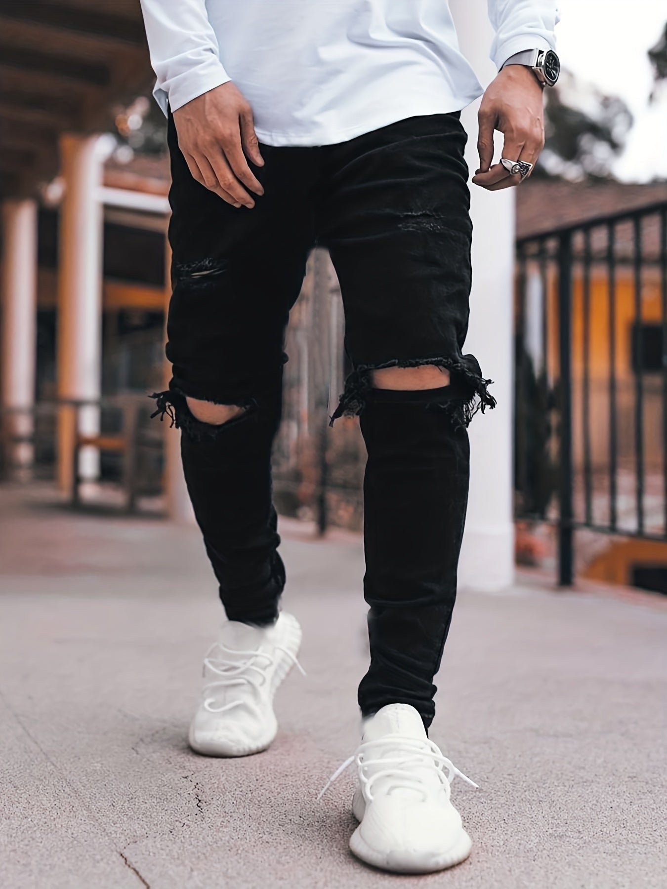 Men's Slim Solid Ripped Denim Skinny Pants