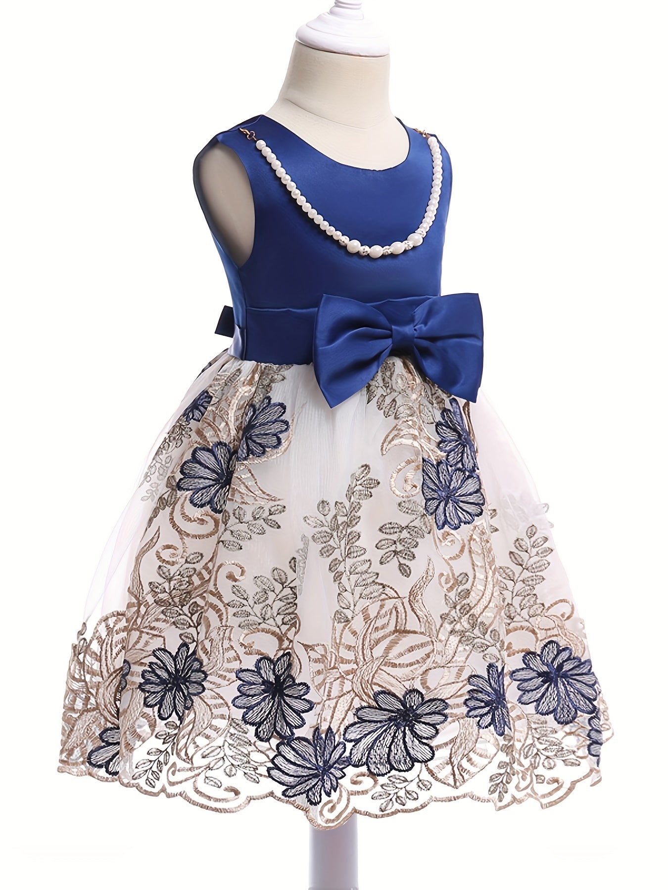Girls Sleeveless Flowers Embroidery Mesh Princess Dress Gown