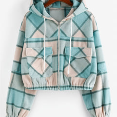 Plaid Pocket Zipped Jacket Casual Outerwear For Fall & Winter