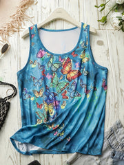 Butterfly Print Tank Top Round Neck Medium Stretch