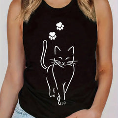 Cat Print Tank Top Sleeveless Casual Summer Top Women's Clothing