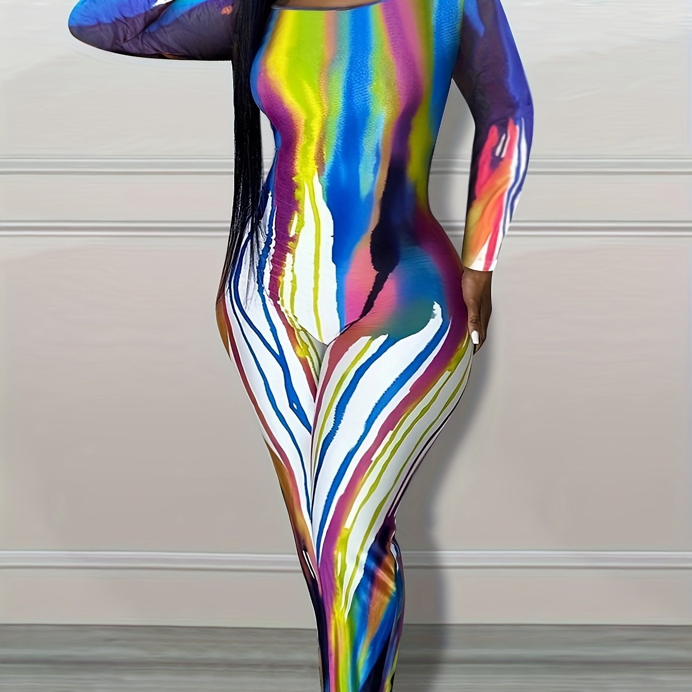 Stripe Print Long Sleeve Casual Jumpsuit