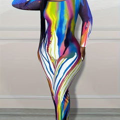 Stripe Print Long Sleeve Casual Jumpsuit