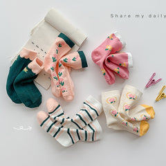 5 Pairs Girls Flower Love Print Cotton Crew Socks Kids Children Spring Autumn