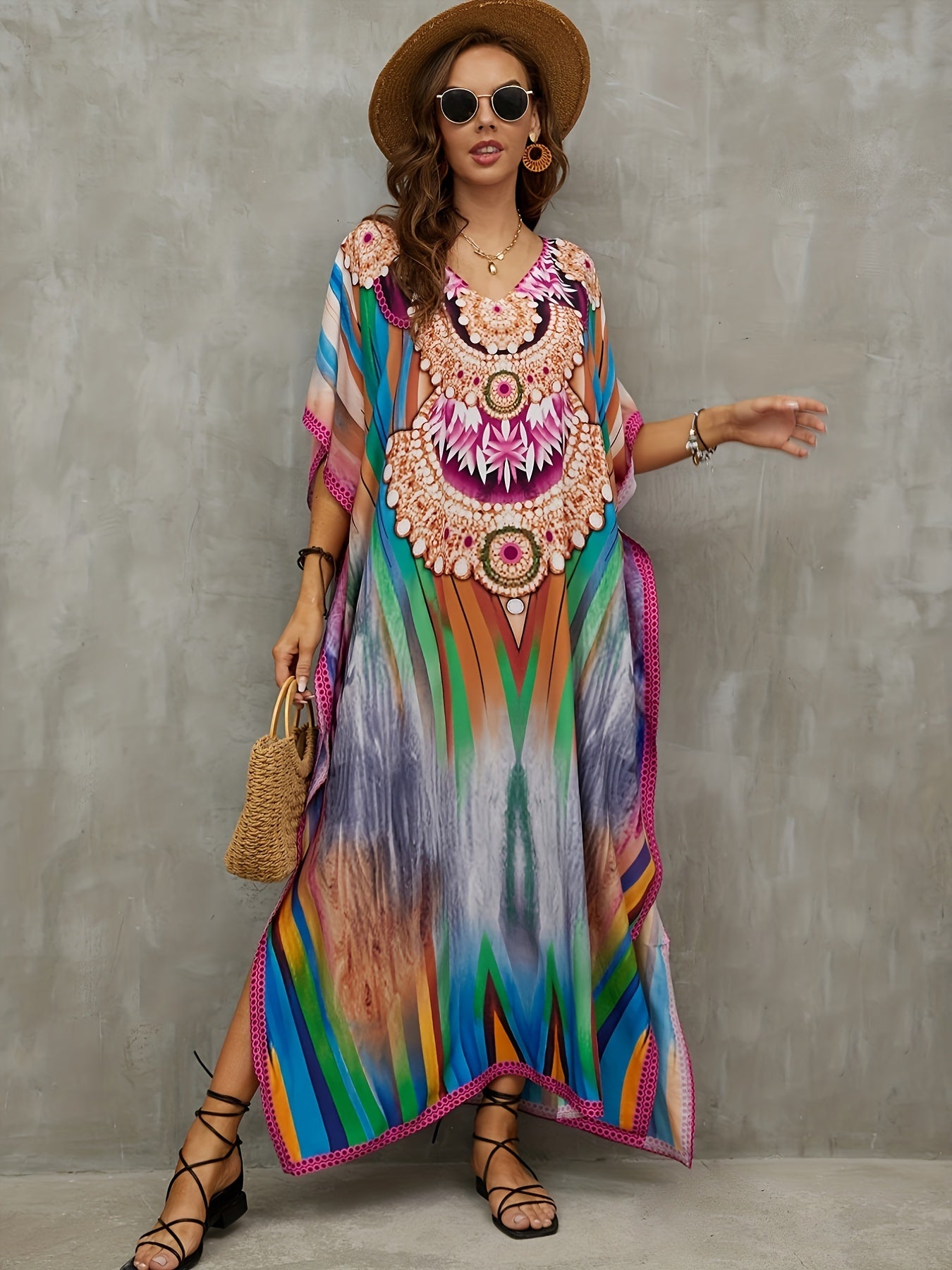 Boho Floral Print Cover Up Dress