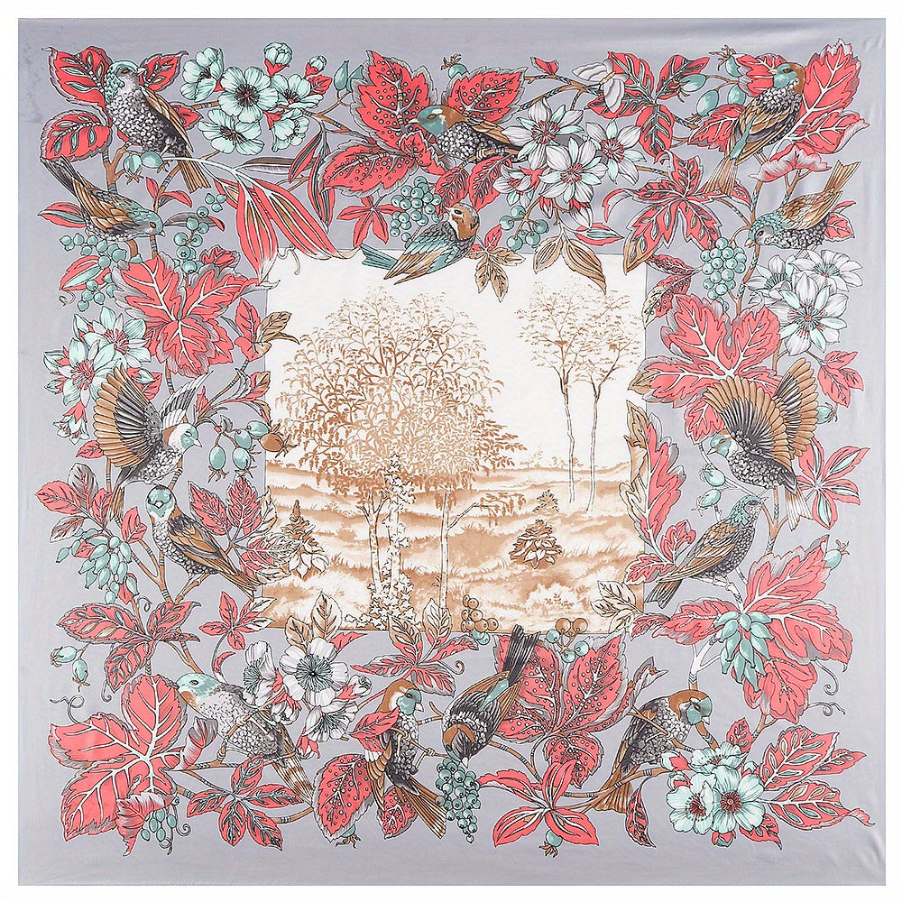 Satin Square Scarf Bird Flower Printed Sunscreen Large Shawl