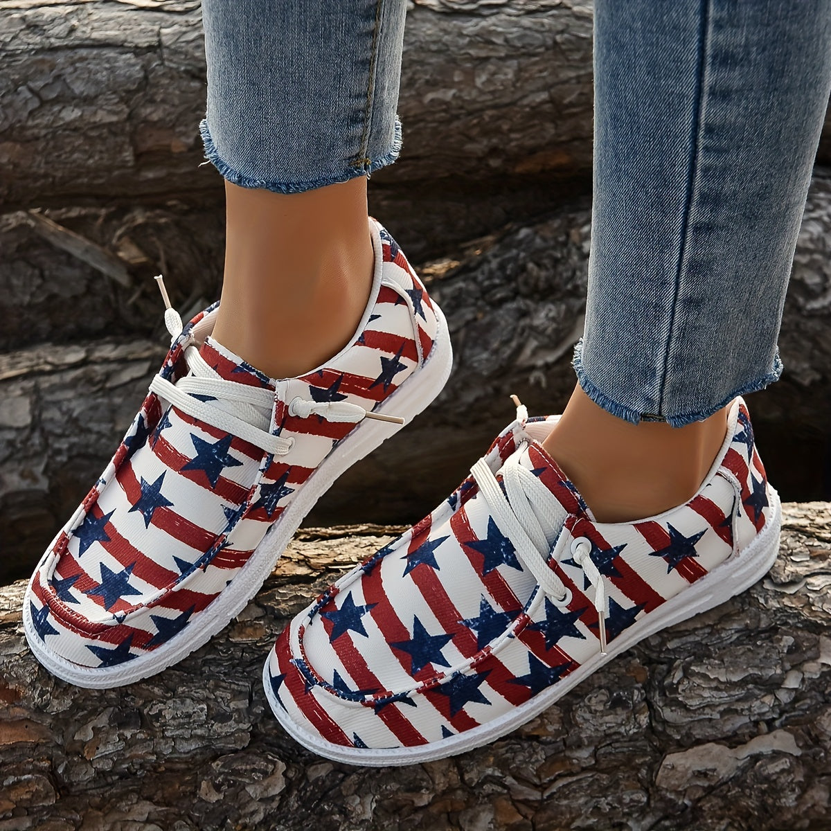 Women's Star & Striped Print Canvas Shoes Casual Lace Up Outdoor Sneakers