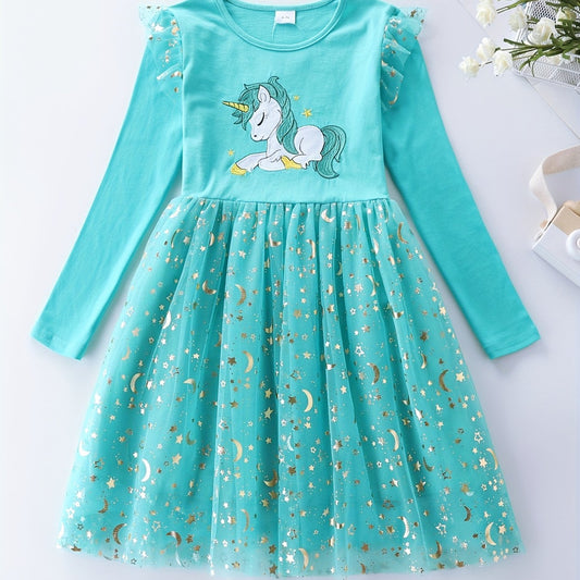 Girls' Sun & Moon Sequins Long Sleeve Princess Dress with Unicorn Embroidery