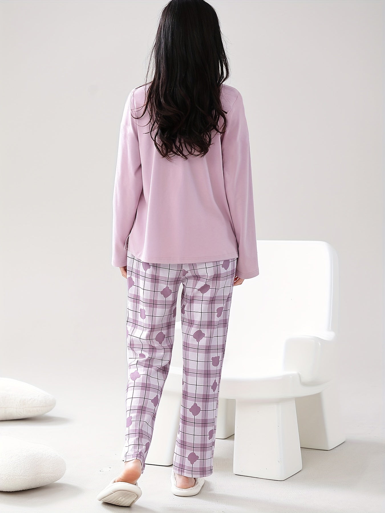 Bear Print Pajama Set Long Sleeve Top & Plaid Pants Women's Sleepwear