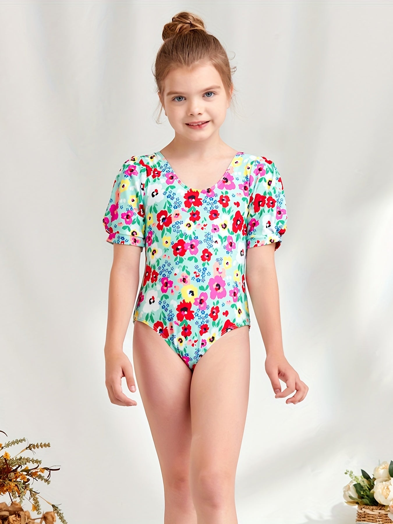 Girl's Floral Onesie Swimsuit Short Sleeve Bathing Suit Kids Clothes