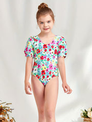Girl's Floral Onesie Swimsuit Short Sleeve Bathing Suit Kids Clothes