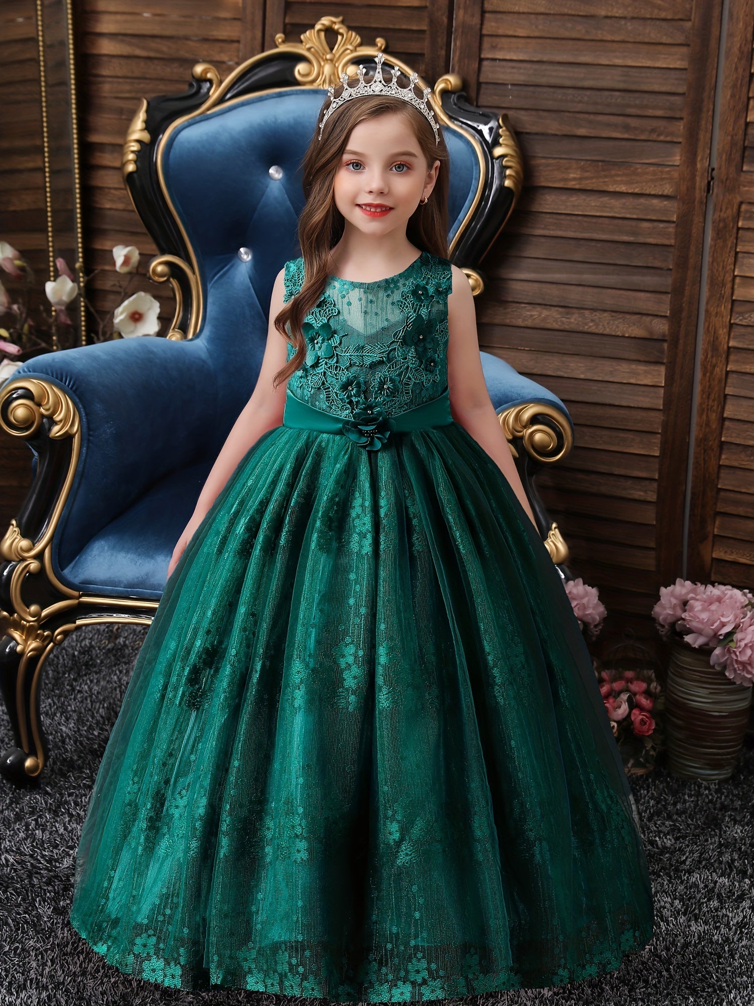 Girls Princess Dress Sleeveless Flower Embroidery Tulle Tutu Dress