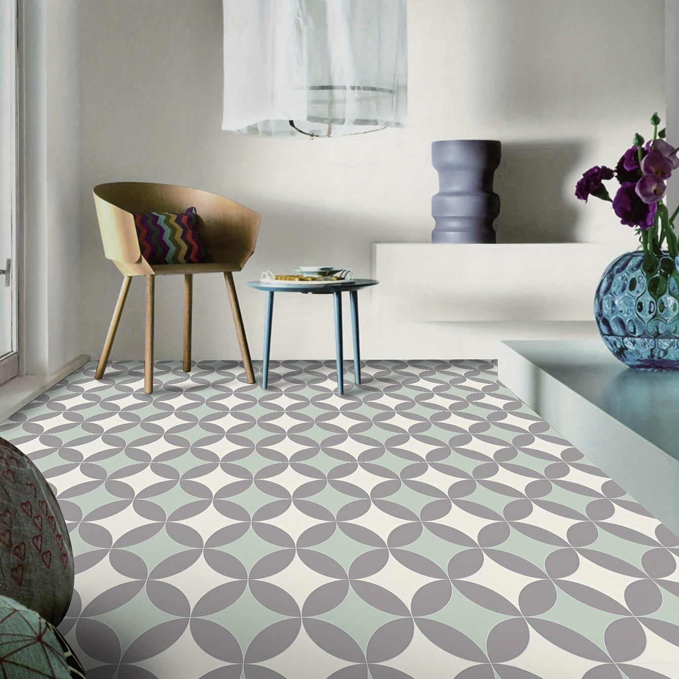 9pcs Gray & Green Floor Tile Sticker Waterproof Vinyl Matte Floor Sticker
