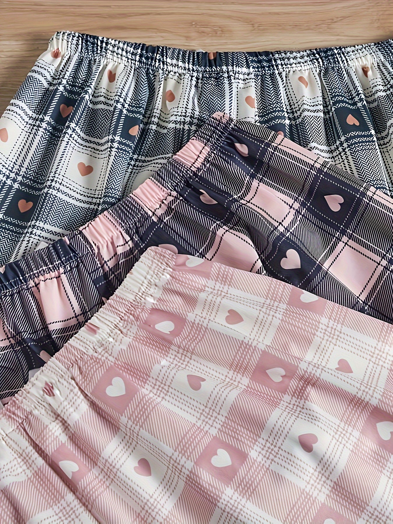 3 Pack Plus Size Preppy Lounge Bottoms Set Women's Plus Plaid & Heart Print Bow