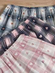 3 Pack Plus Size Preppy Lounge Bottoms Set Women's Plus Plaid & Heart Print Bow