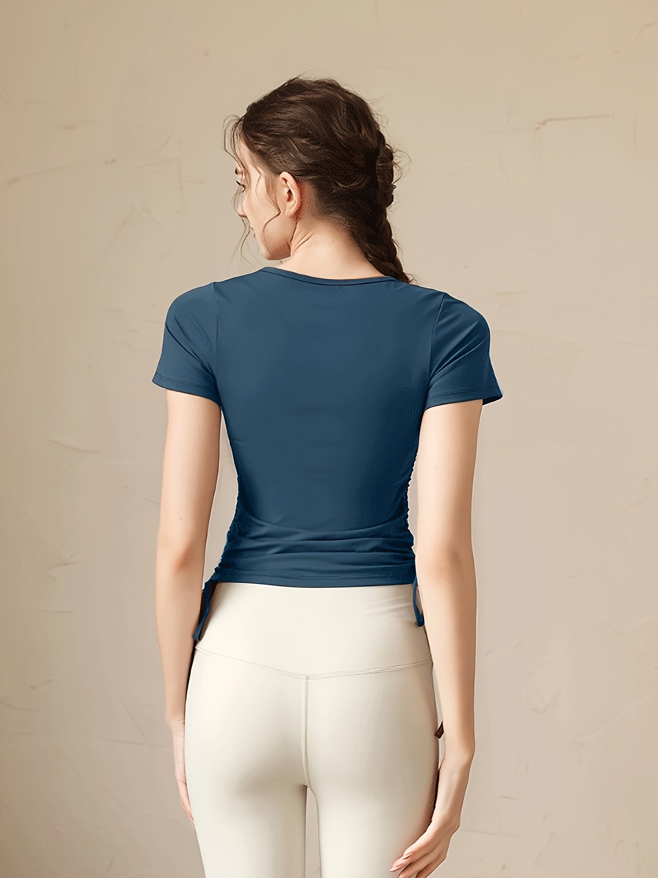 Drawstring Tie Side Yoga Top Short Sleejsonves Slim Fit