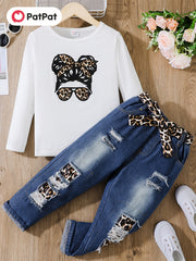 3pc Kid Girl Figure Print Long Sleeve Tee & Belted Ripped Denim Jeans Set