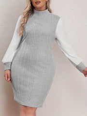 Casual Sweater Dress Women's Plus Colorblock Lantern Sleeve High Neck
