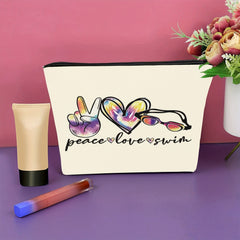 Funny Swimming Gift Peace Love Swim Makeup Bag With Zipper Swimmer Cosmetic Bag
