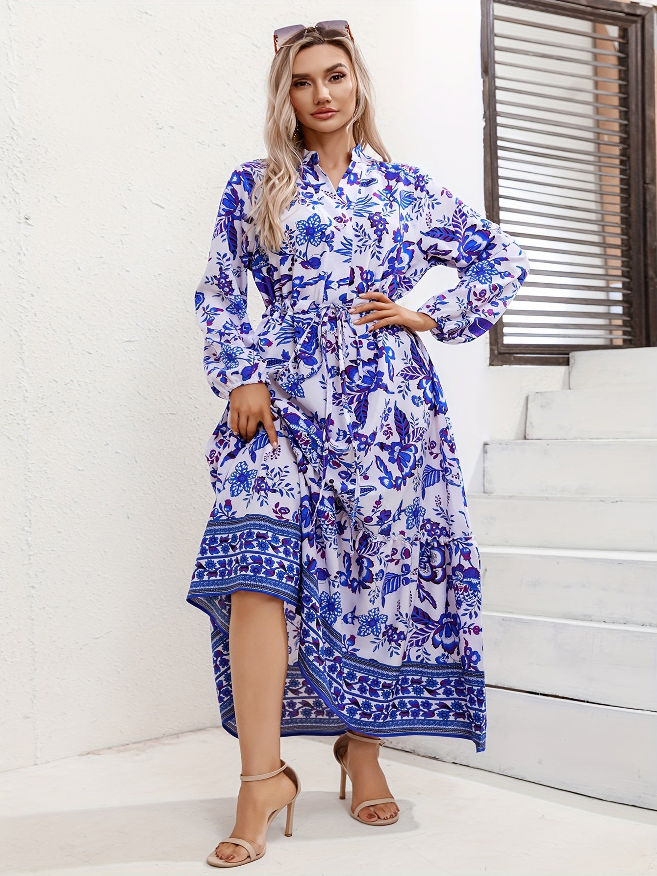 Floral Print Lantern Sleeve Maxi Dress With Belt