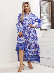 Floral Print Lantern Sleeve Maxi Dress With Belt