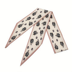 2pcs Beige & Green Skinny Scarf Long Ribbon Neckerchief Twilly Scarf