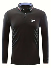 Men's Eagle Print Long Sleeve Polo Shirt Casual Button Up Top