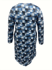 Allover Print Long Sleeve Round Neck Dress With Pockets