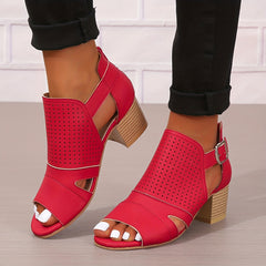 Women's Peep Toe Low Heeled Sandals Perforated Buckle Strap
