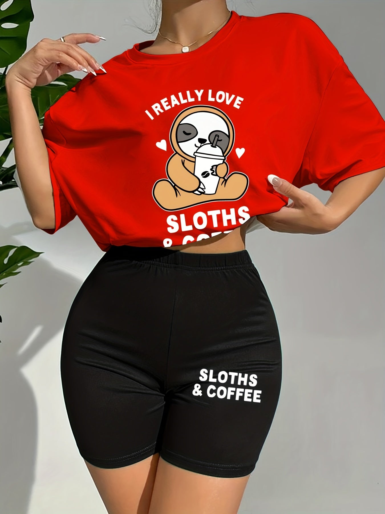 Cartoon Print Lounge Set Short Sleeve Crew Neck Top & Elastic Waistband Shorts