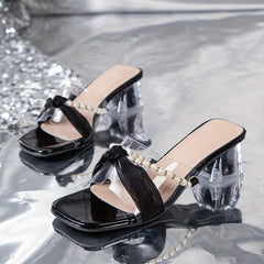 Faux Pearl Chunky Heel Sandals Square Toe Dress Pumps