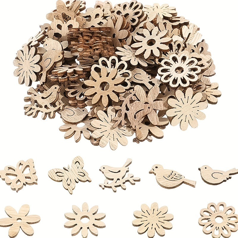 50pcs Wooden Hollow Out Wood Bird Butterfly Flowers Slices for DIY Craft Making