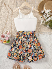 2pcs Girls Button Cami Top & Floral Shorts Set Kids Summer Clothes