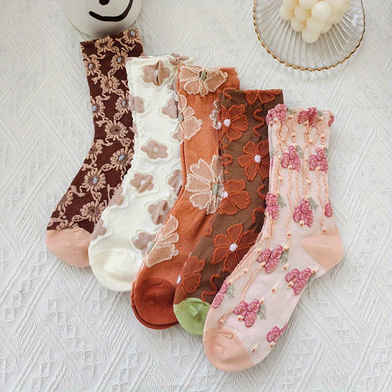 5 Pairs 3D Floral Textured Socks Retro Style Mid Tube Socks