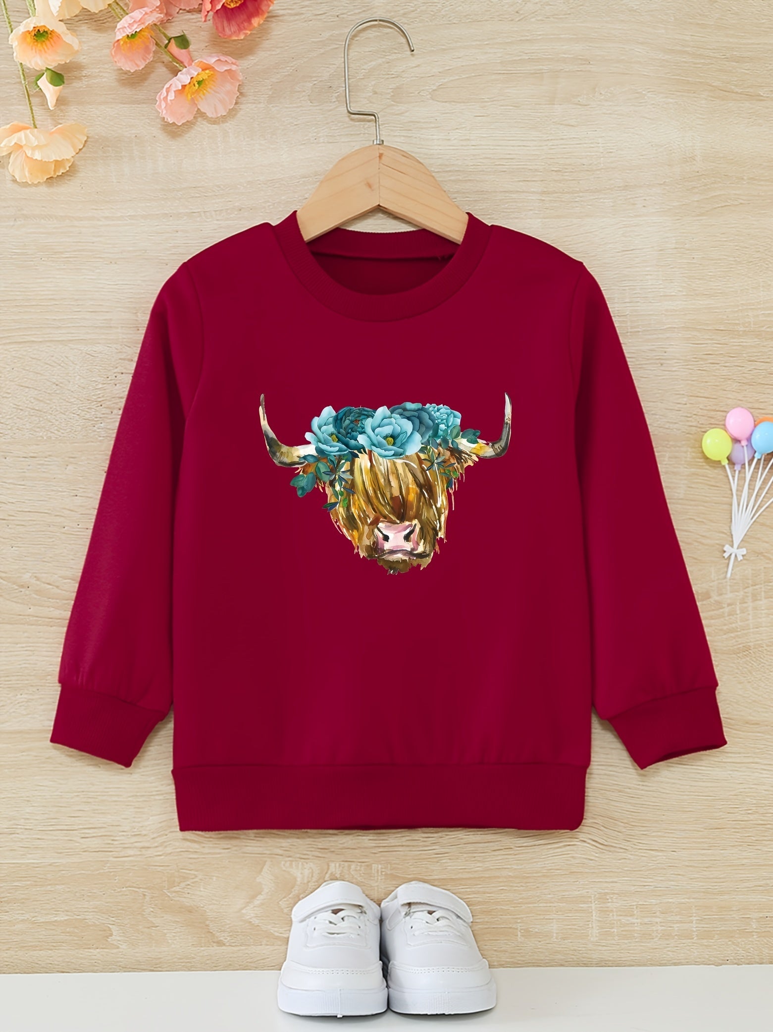 Floral Cow Graphic Girls Round Neck Sweatshirt