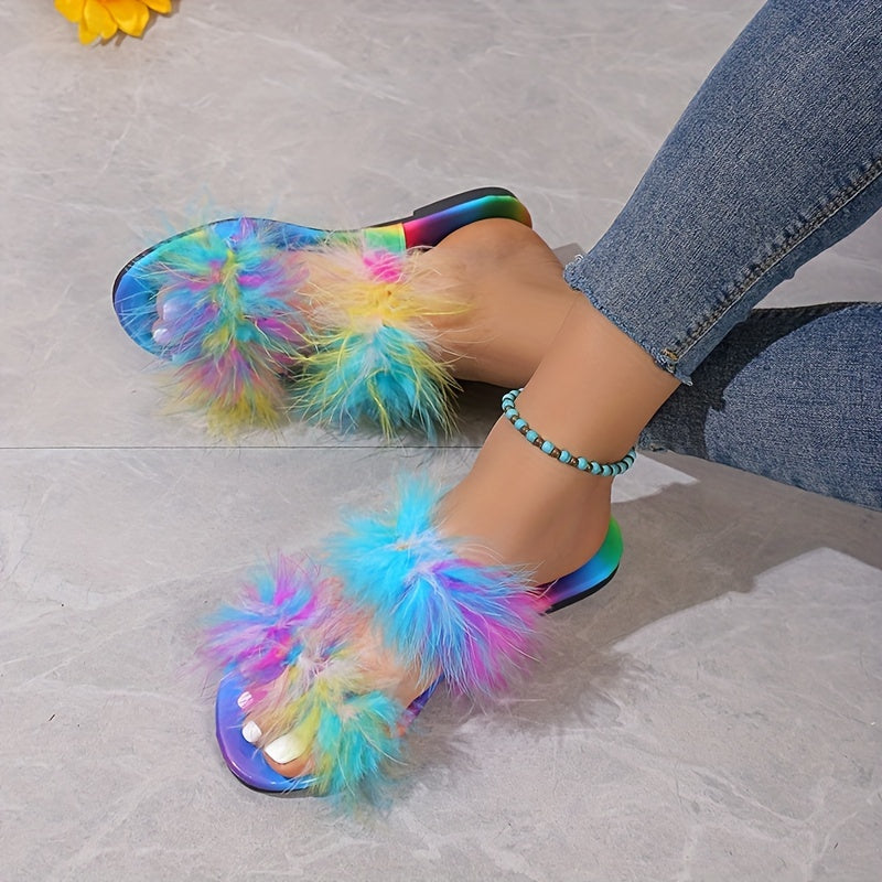 Women's Faux Fur Decor Slide Sandals Double Strap Slip On Shoes