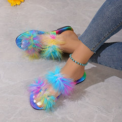 Women's Faux Fur Decor Slide Sandals Double Strap Slip On Shoes