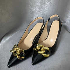 Metallic Chain Decor Mules Cone Heel Point Toe Ankle Buckle Slingback Shoes