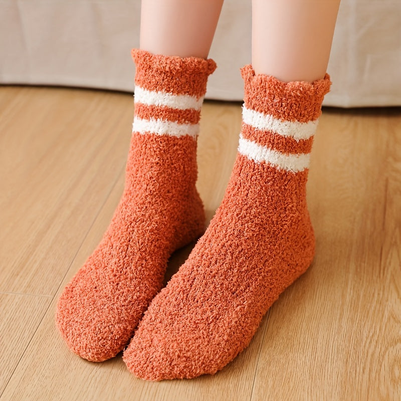 5 Pairs Striped Fuzzy Socks Comfy & Warm Mid Tube Socks Women's