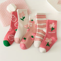 Girls Pink Flowers Strawberry Pattern Crew Socks for Autumn