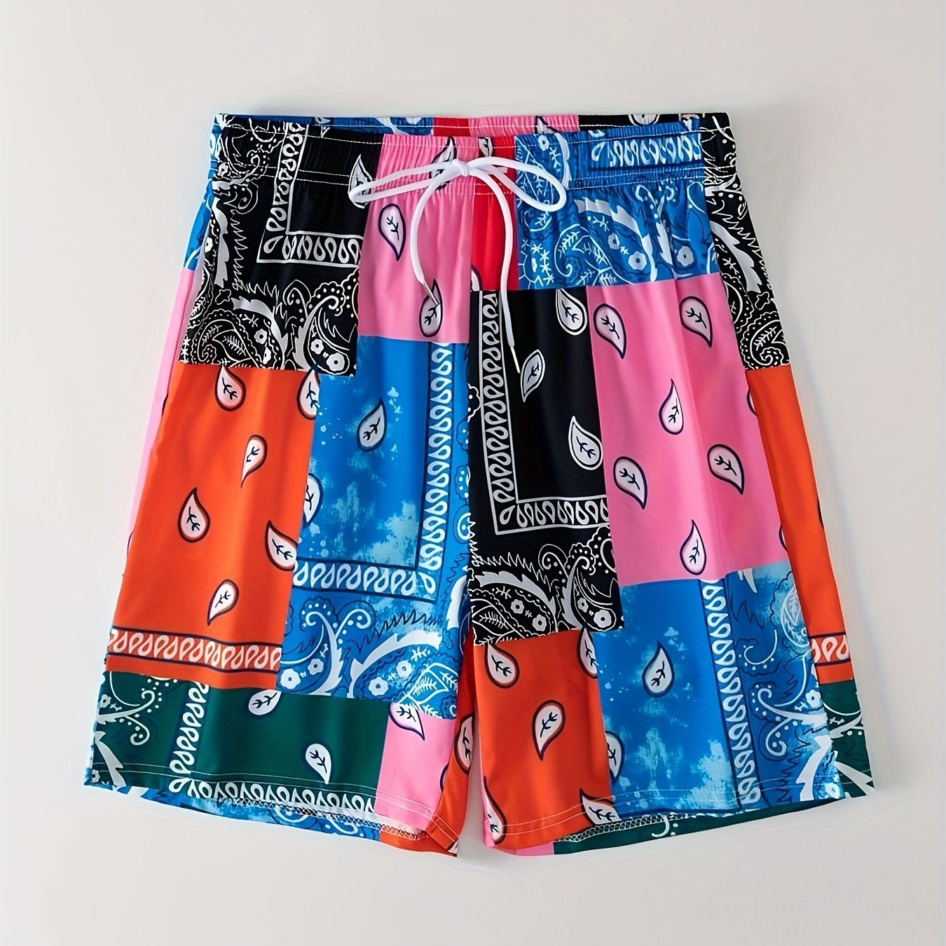 Block Digital Print Men's Drawstring Shorts Swim Wear Casual Swim Trunks