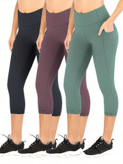 3Pcs Slim Fit Capris Yoga Pants Mid Stretch With Side Pocket